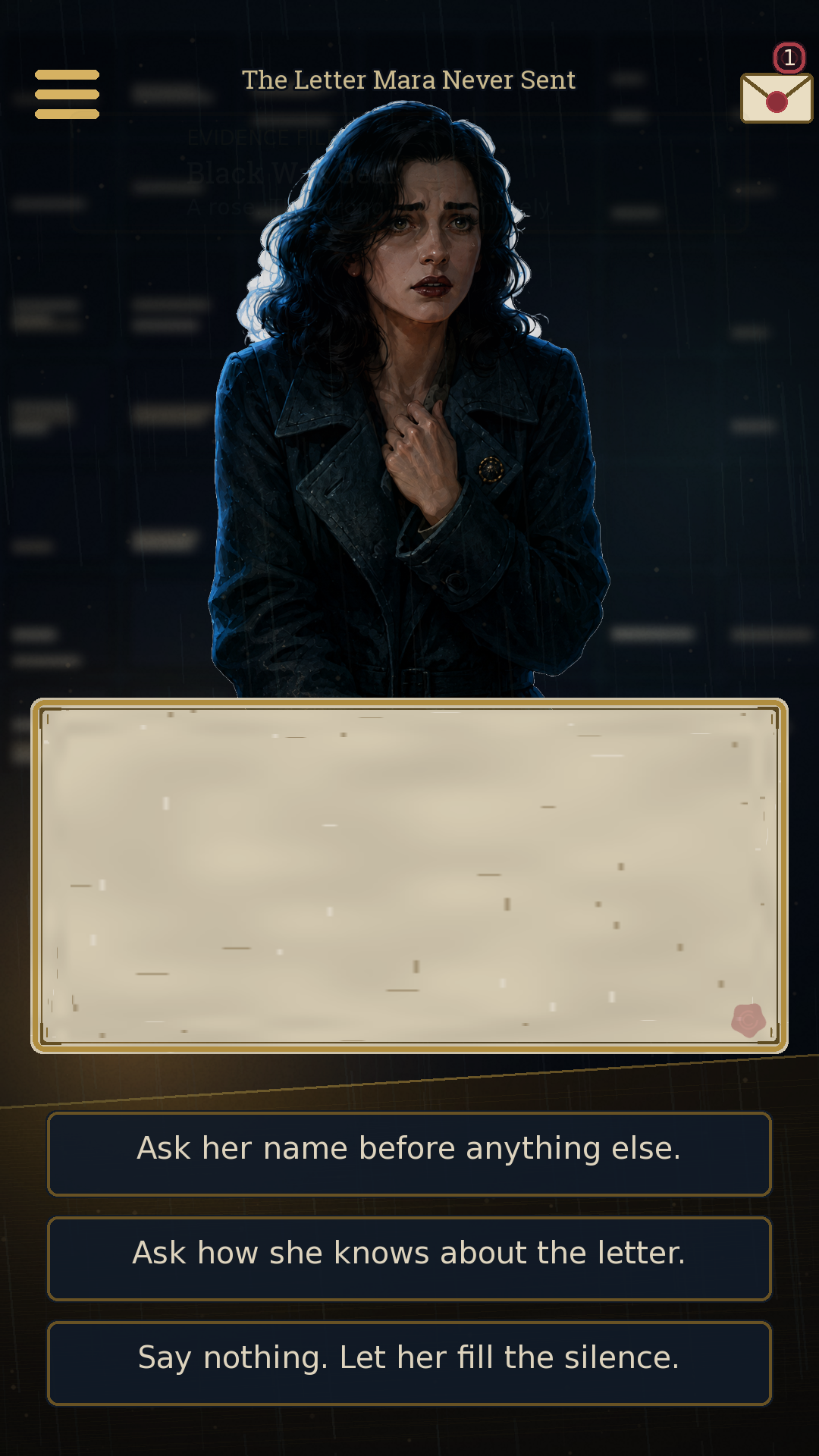 Mara Vale at the counter, with three replies to choose from