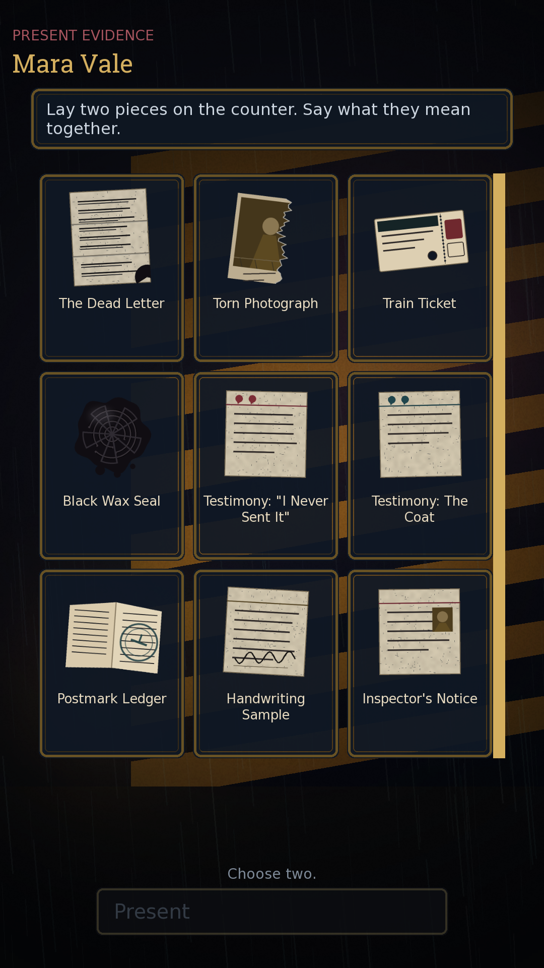 Choosing two pieces of evidence to present