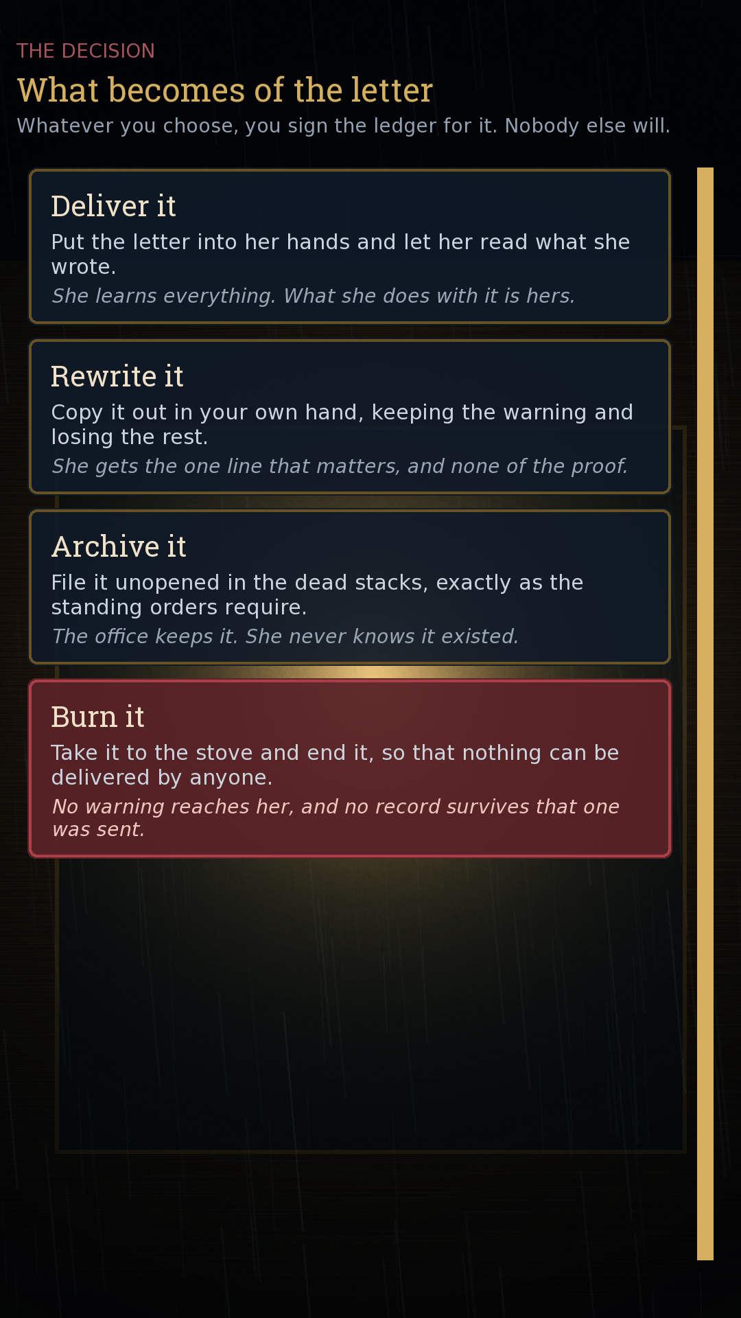 The four decisions: deliver, rewrite, archive or burn